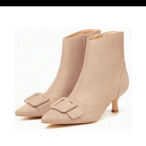 New Women's Kitten Heel Ankle Pointed Toe Side Zipper Square Buckle Winter Boot